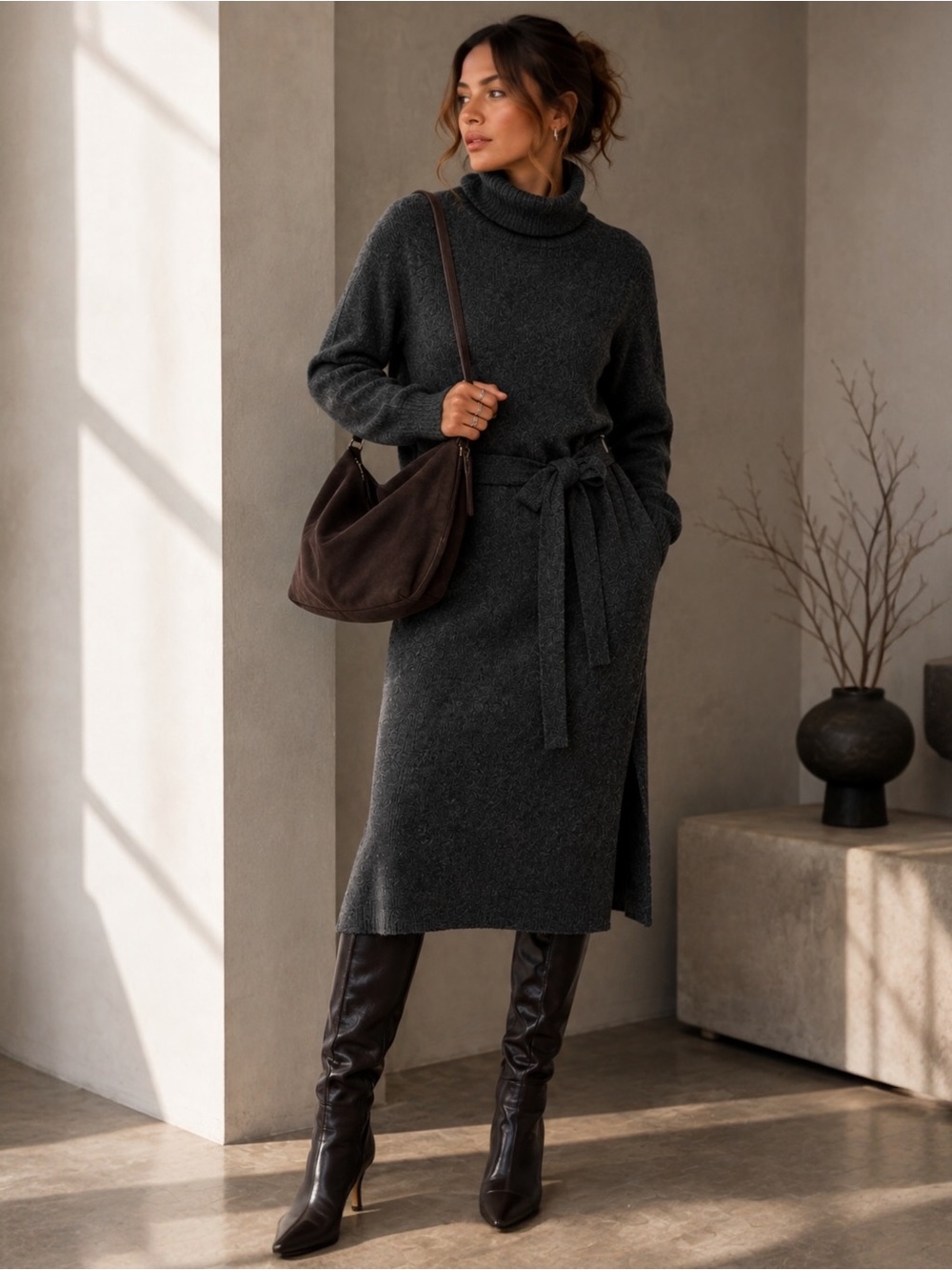 Frank And Oak SeaWool Belted Turtleneck Sweater Dress Gray NWT Large